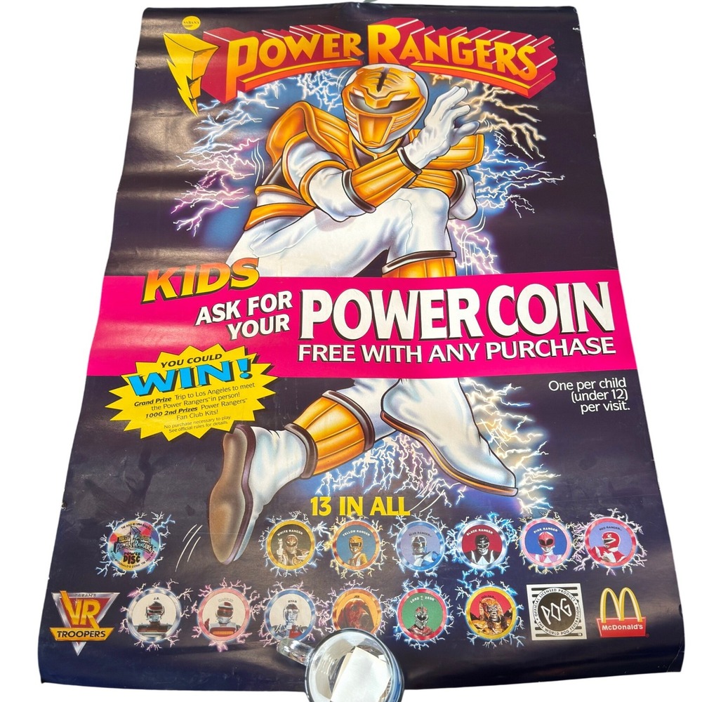 Vintage 1994 Power Rangers McDonalds POG Poster White Ranger Double Sided 34x22